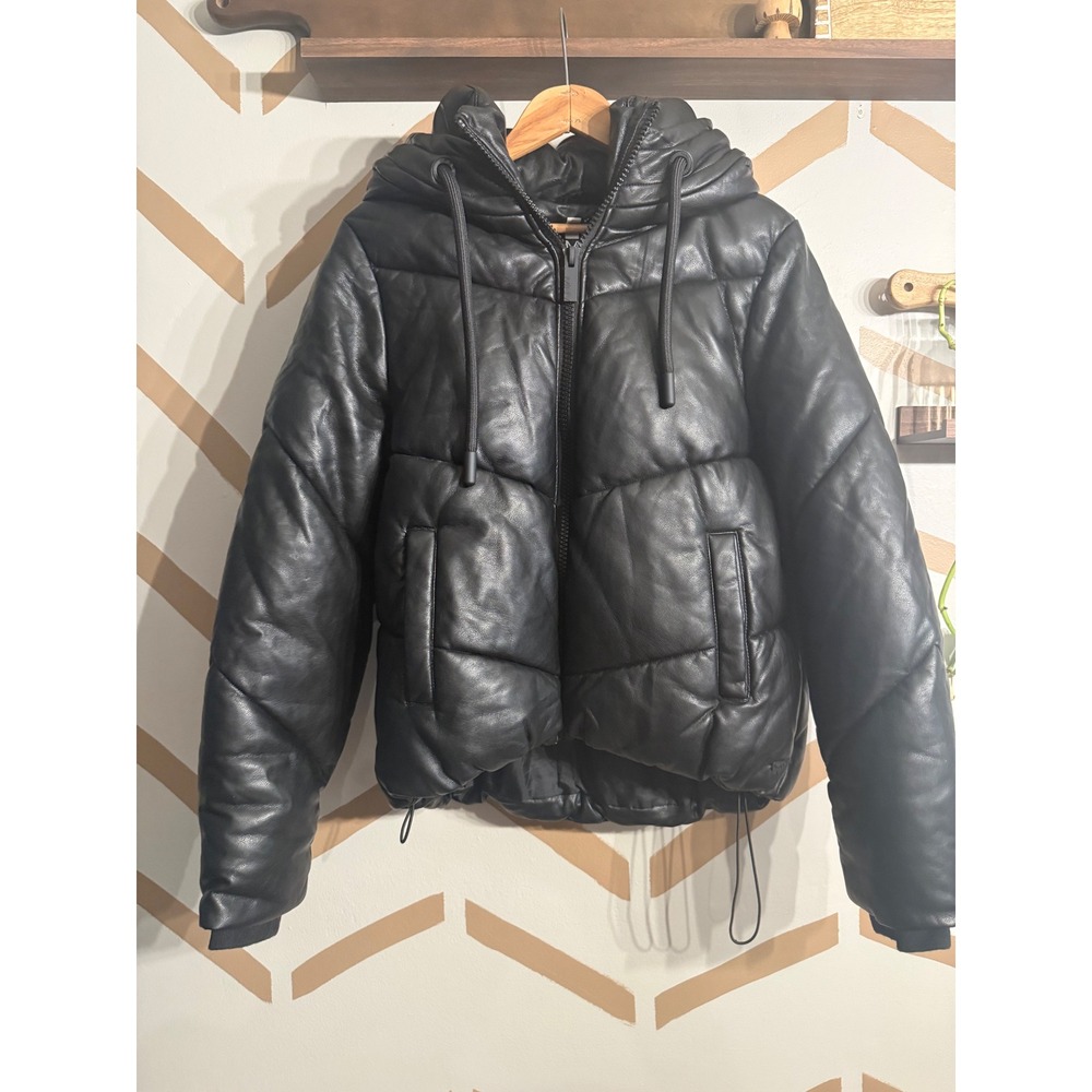 Marc New York Performance Puffer Jacket Womens Medium Black Faux Leather Hooded